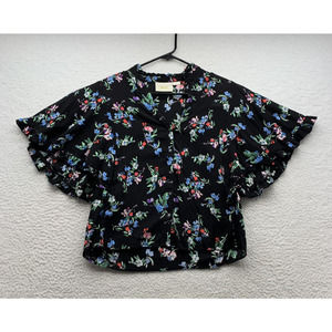 MAEVE by Anthropologie Blouse Size XS Black Shirt Flutter Sleeve Floral Flowers